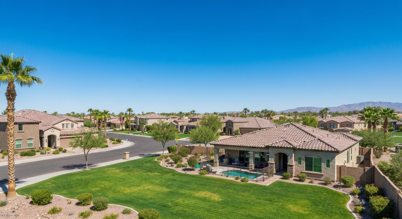 Corte Sierra neighborhood in Avondale, AZ, featuring spacious homes, landscaped lawns, and palm trees under a clear blue sky.