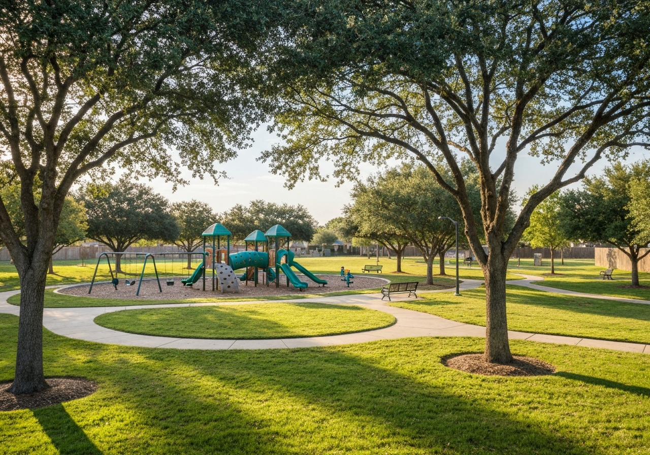 Playground with slides and swings in a green park, surrounded by trees, ideal for families in Cambridge Estates, West Valley.