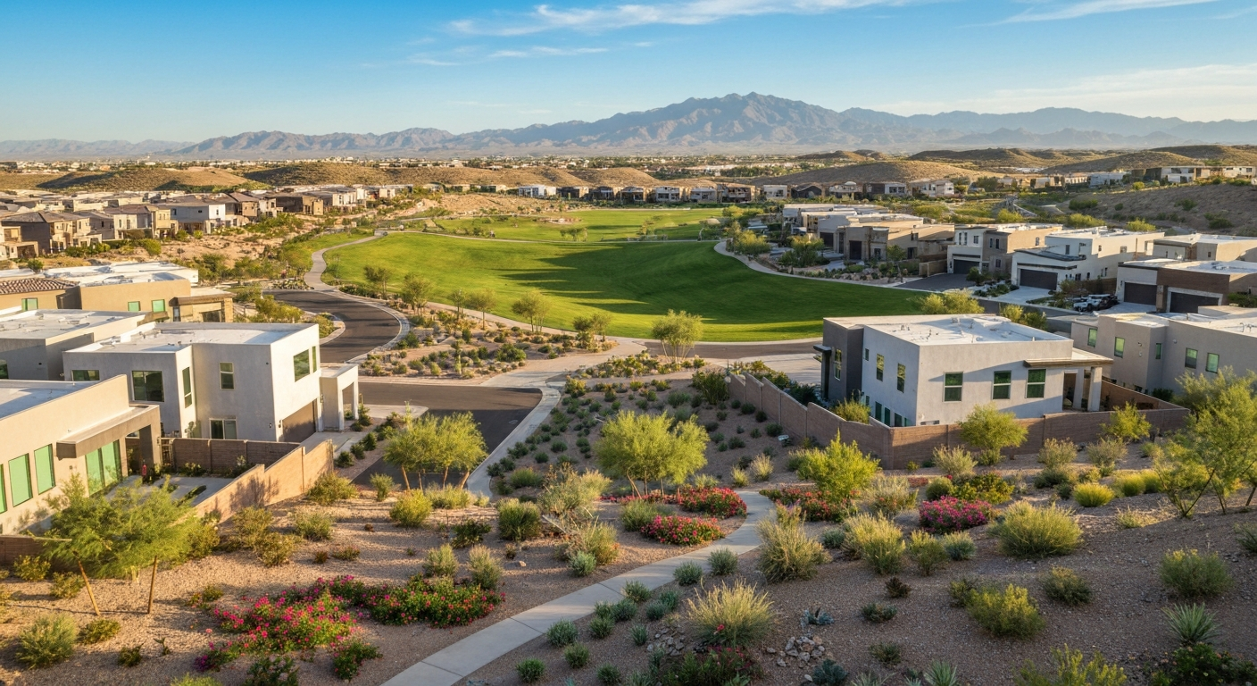 Expansive view of Tartesso community in Buckeye, Arizona, featuring modern homes, lush landscaping, and White Tank Mountains backdrop.