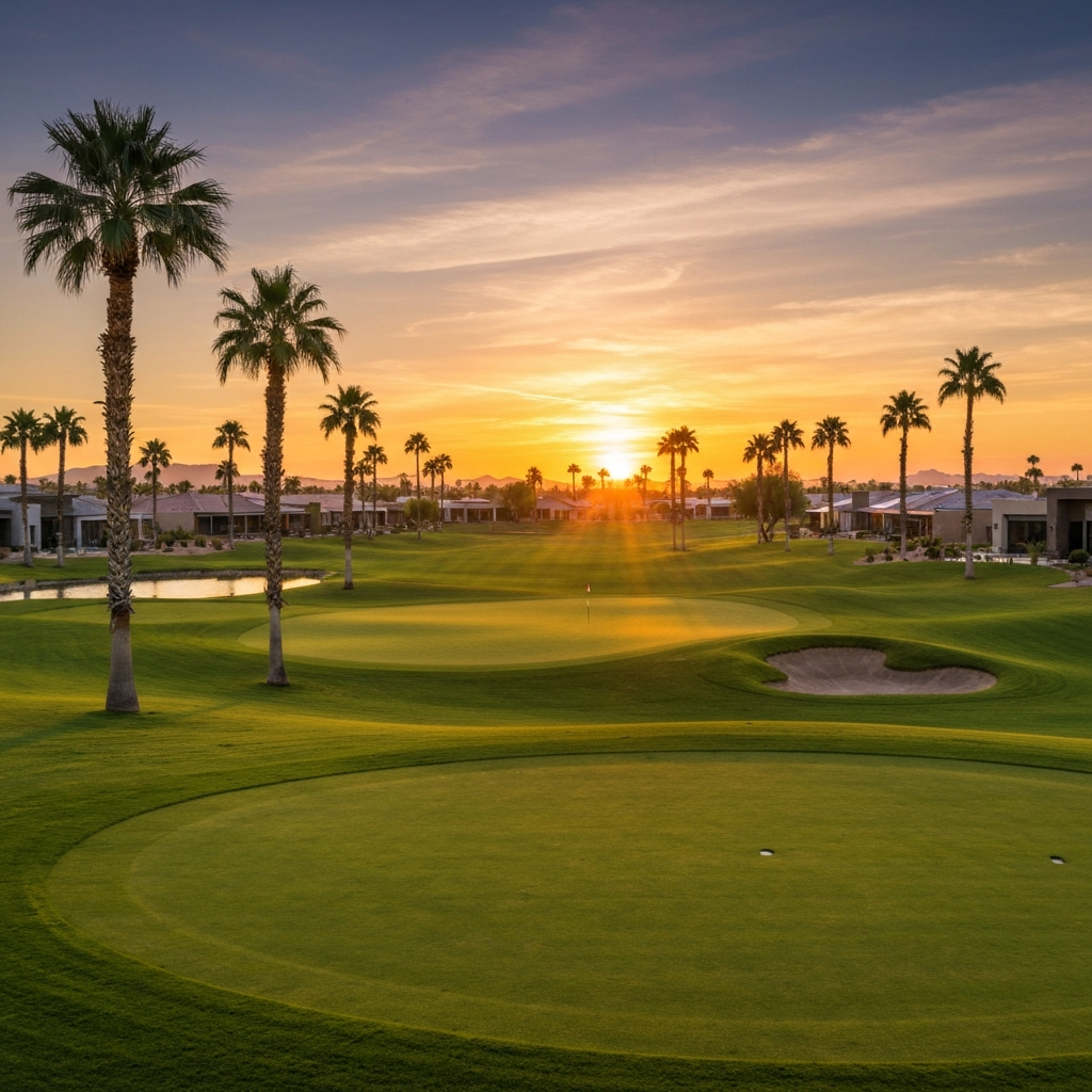 Sunset over Hillcrest Golf Club in Sun City West, with palm trees and pristine fairways, showcasing resort-style living.