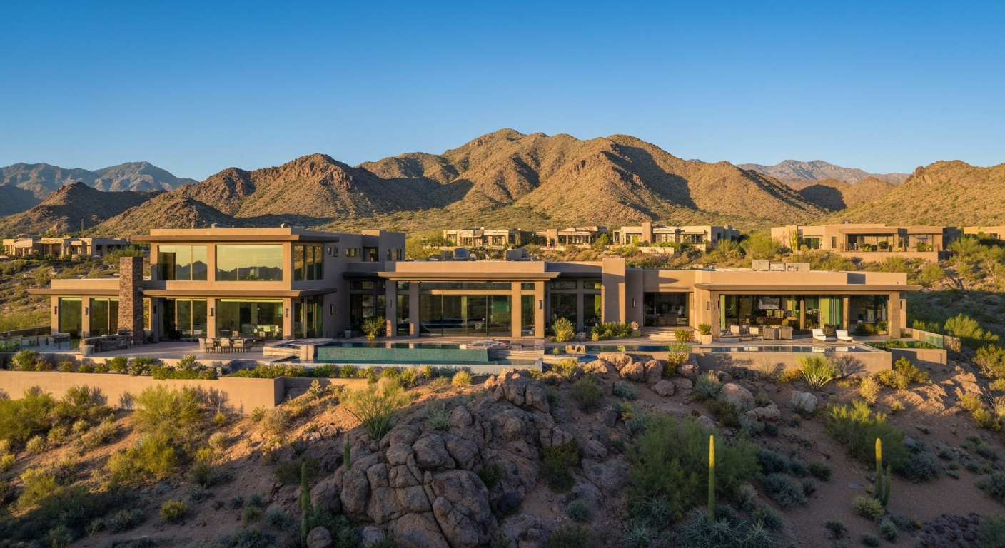 Luxury home in Peoria, Arizona, with stunning mountain views and outdoor pool, showcasing the beauty of desert living.