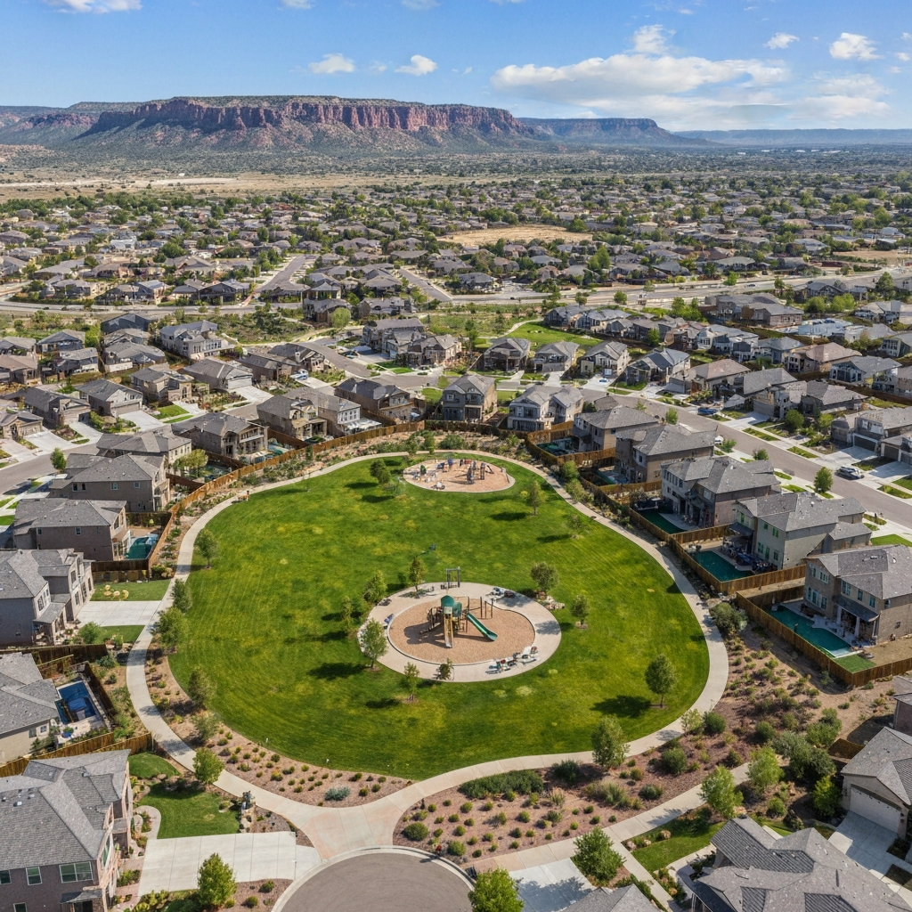 Aerial view of Prescott Valley community showcasing homes, parks, and stunning mountain backdrop, ideal for family living.