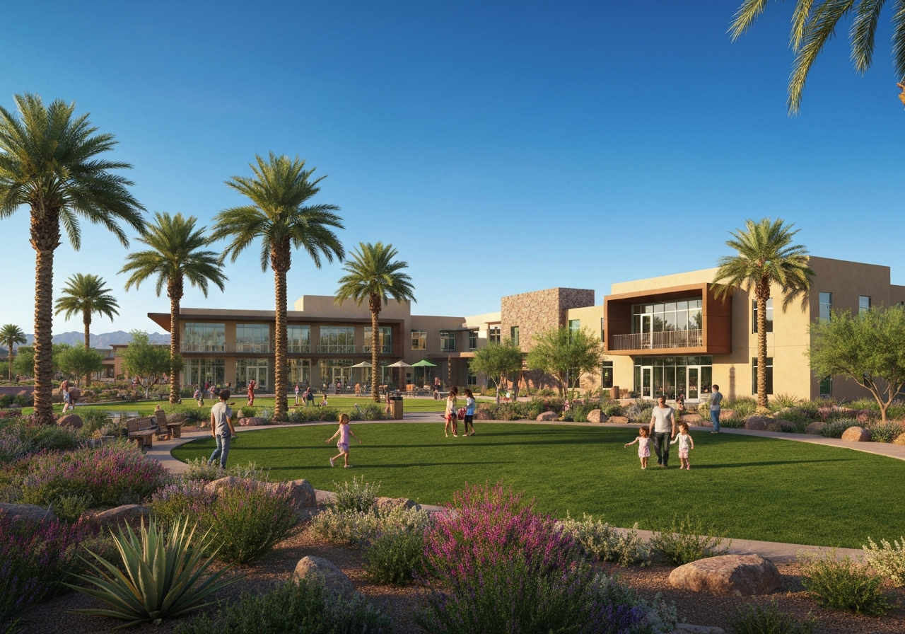 Arroyo Seco community park with families enjoying outdoor activities, modern homes in the background, and desert landscaping.