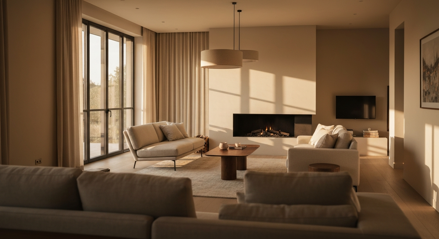 Modern living room with large windows, cozy sofas, and a fireplace, showcasing a serene space for relaxation in a home.