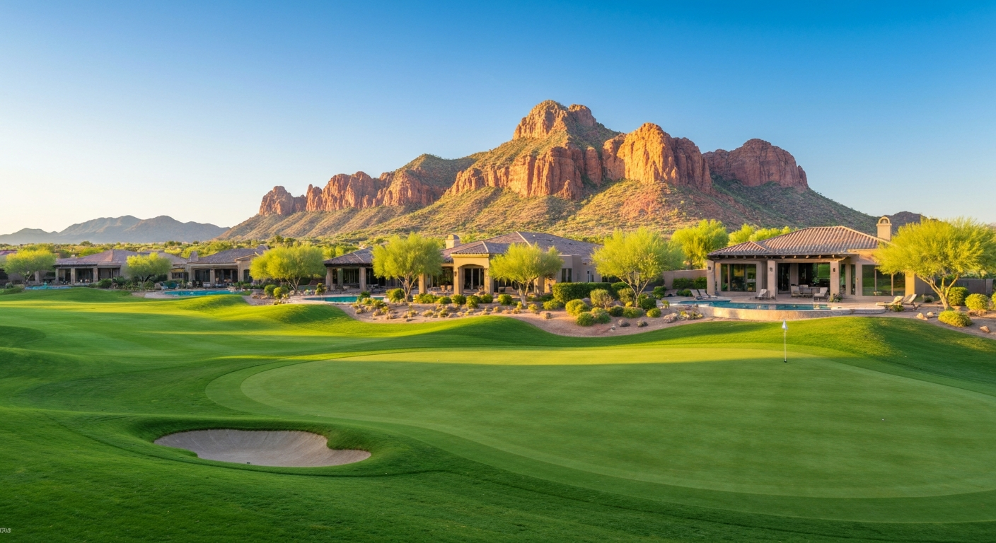 Luxury homes in Red Mountain Ranch with stunning views of the iconic Red Mountain and a championship golf course.