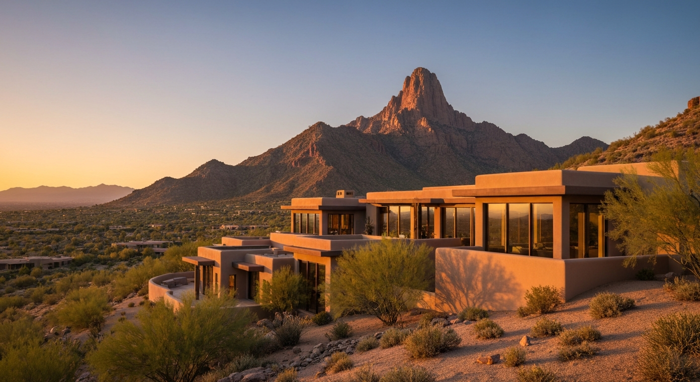 Luxury home in Paradise Valley with Camelback Mountain backdrop, showcasing upscale desert living and stunning sunset views.
