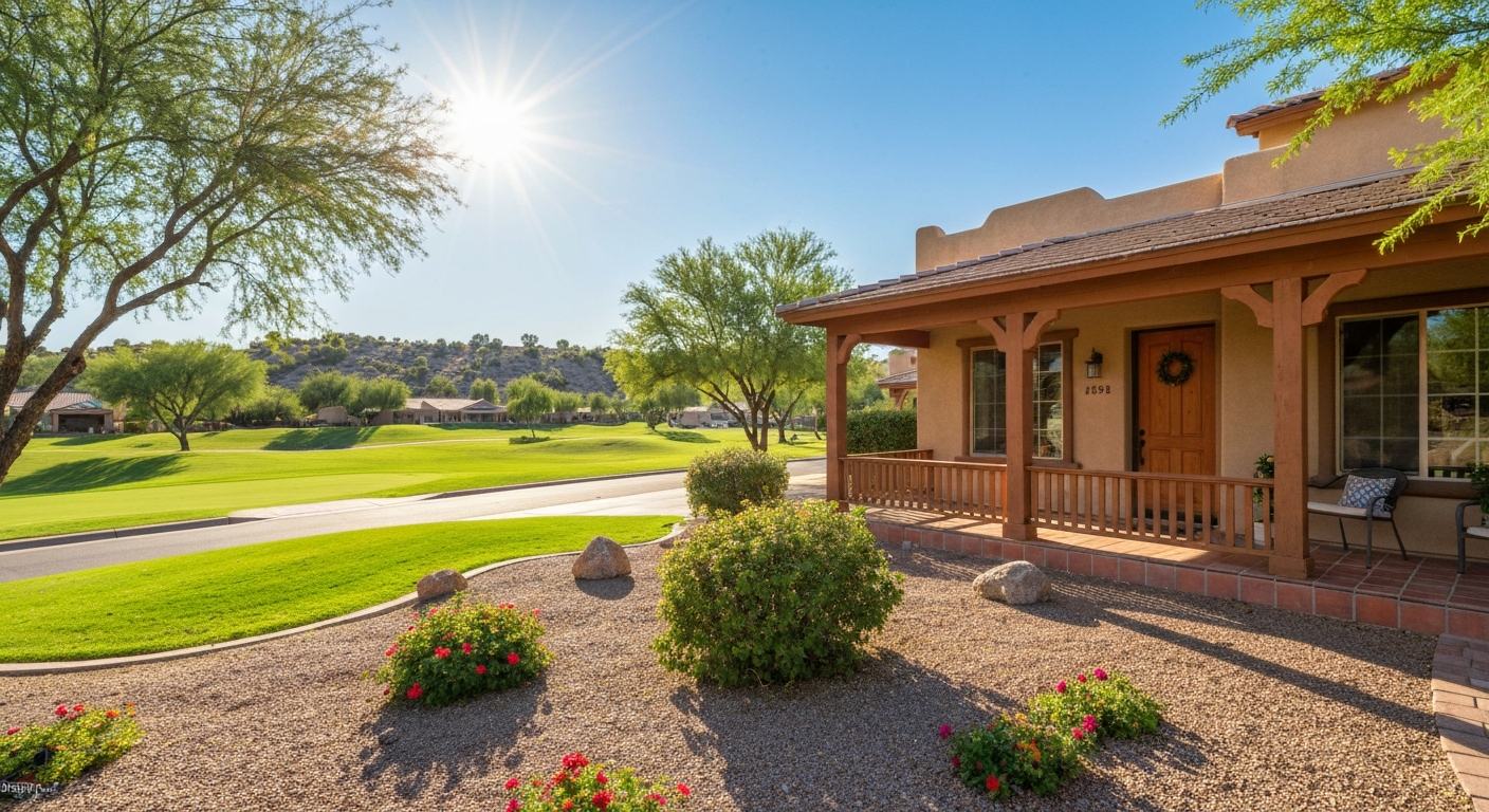 Charming home in Litchfield Park with golf course views, lush landscaping, and sunny porch, ideal for luxury living.