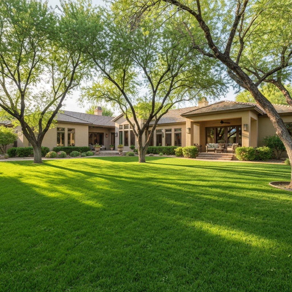 Spacious luxury home in South Tempe, featuring lush green lawn and mature landscaping, ideal for families and outdoor living.