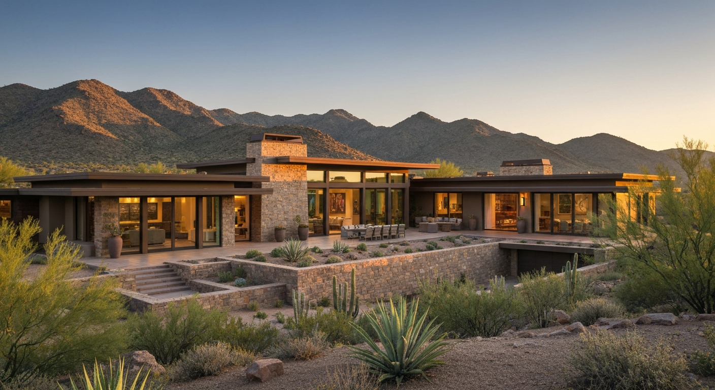 Ultra-luxury home in McDowell Mountains, showcasing modern architecture and desert landscaping, ideal for Scottsdale living.