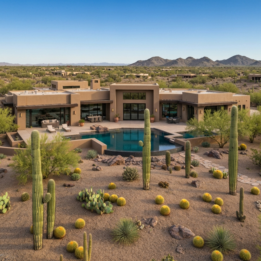Luxury desert home with pool, surrounded by cacti and mountains, showcasing high-desert living in Wickenburg, Arizona.