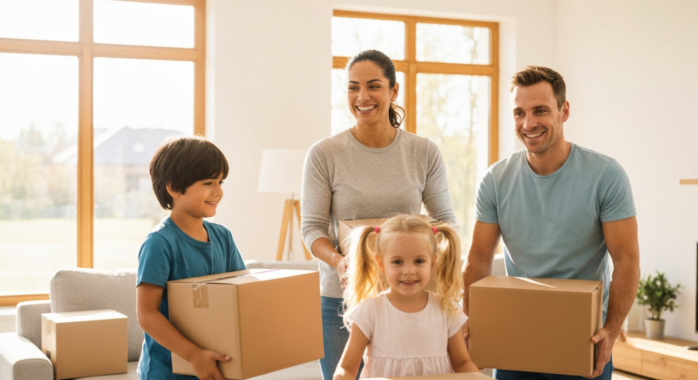 Family carrying moving boxes in a bright, spacious living room, symbolizing the home buying journey in Phoenix Metro area.