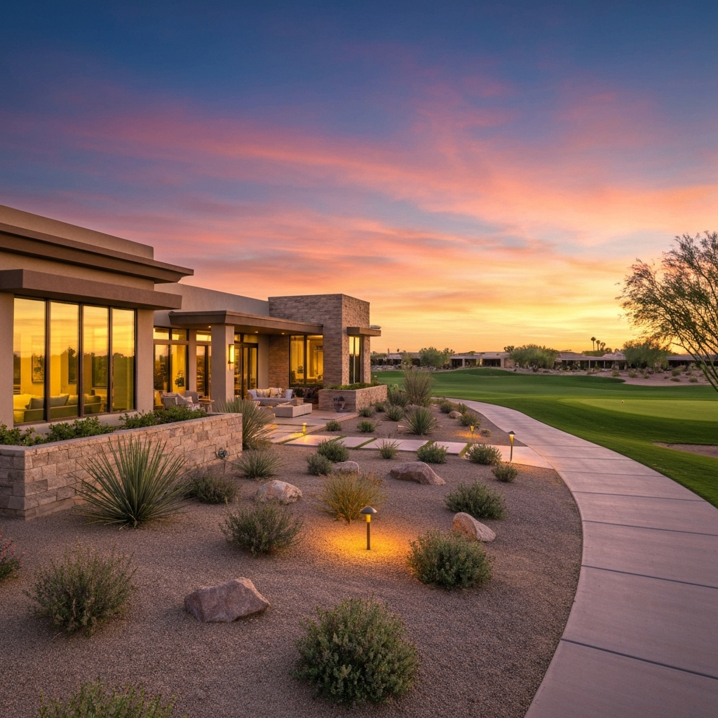 Modern home exterior in Sun City with desert landscaping, golf course views, and vibrant sunset sky, showcasing resort-style living.