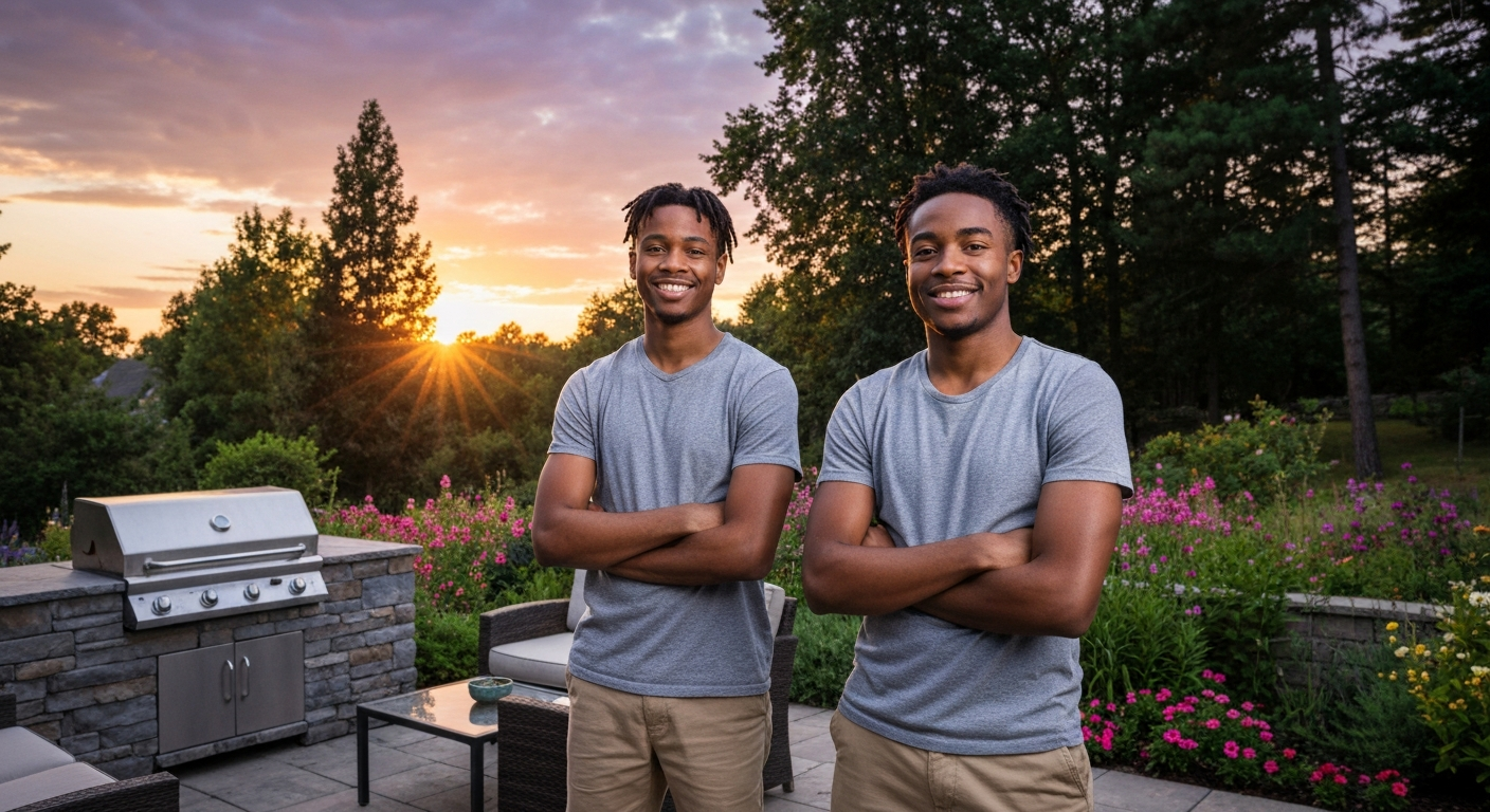 Two young men smiling confidently in a vibrant garden at sunset, showcasing luxury outdoor living in a community setting.