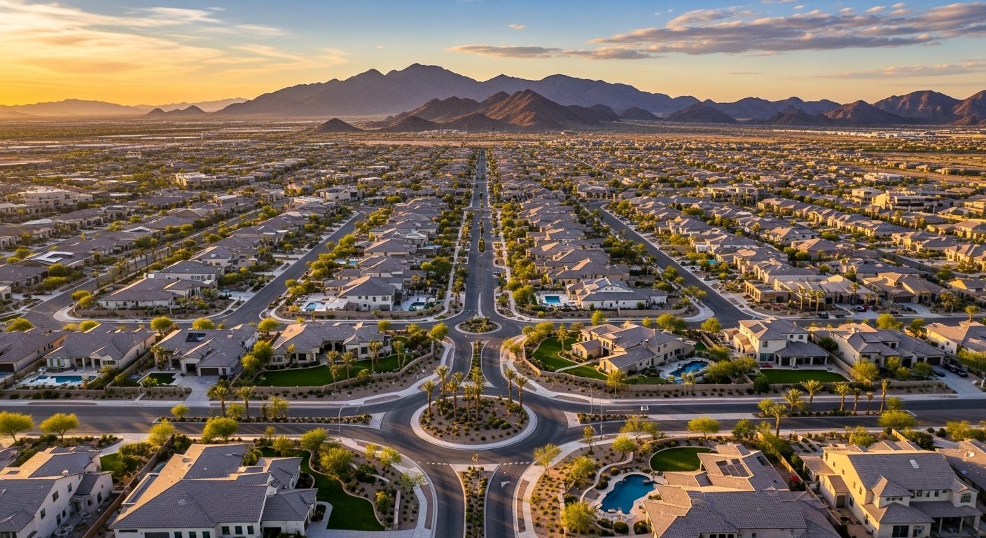 Aerial view of a suburban community in Buckeye, AZ, with homes and White Tank Mountain backdrop at sunset.