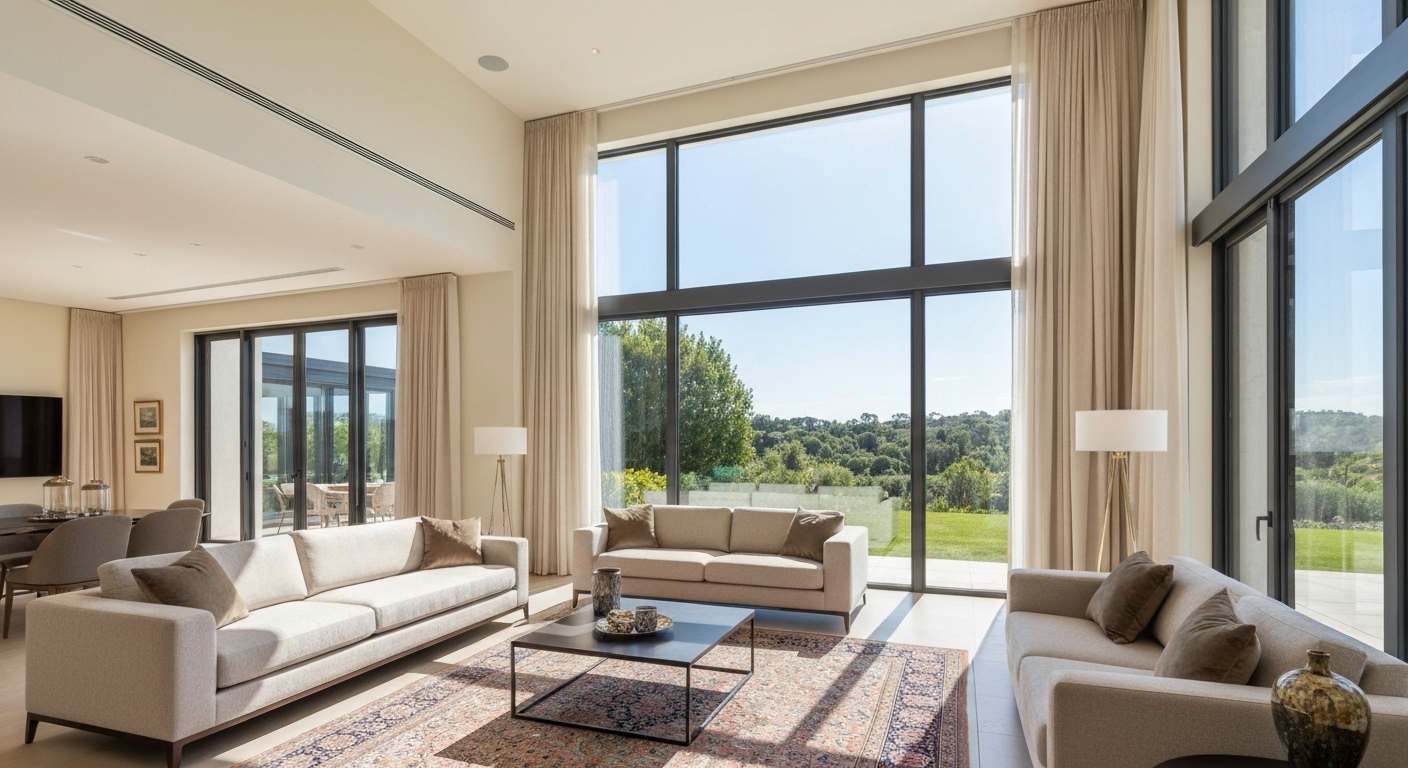 Modern living room with large windows showcasing a green landscape, emphasizing a serene lifestyle ideal for home buyers in Phoenix.