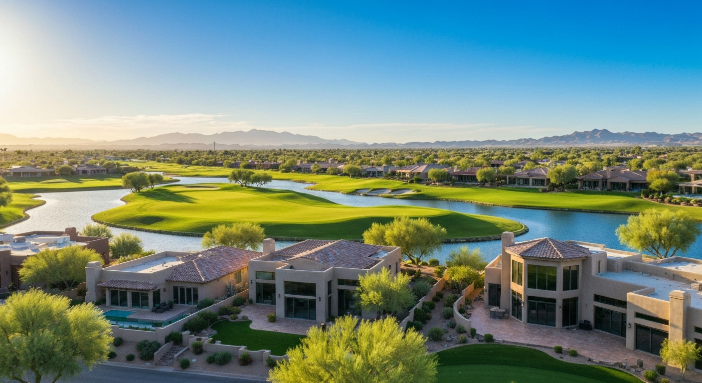 Aerial view of luxury homes in Scottsdale with golf course, lush landscapes, and serene water features under clear blue sky.