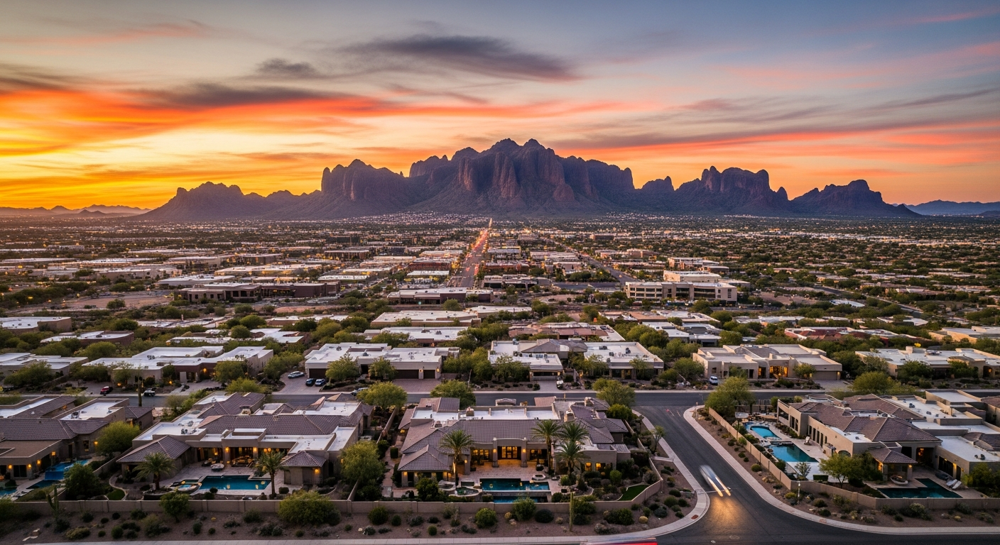 Sunset view of homes in Mesa, Arizona, with the Superstition Mountains in the background, showcasing scenic residential neighborhoods.