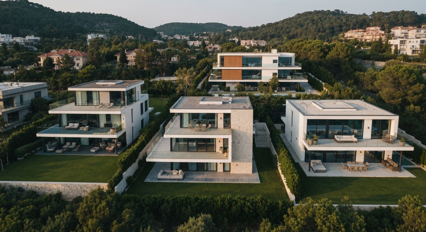 Modern luxury homes with spacious terraces and landscaped lawns in a serene mountain setting, ideal for upscale living in Peoria.