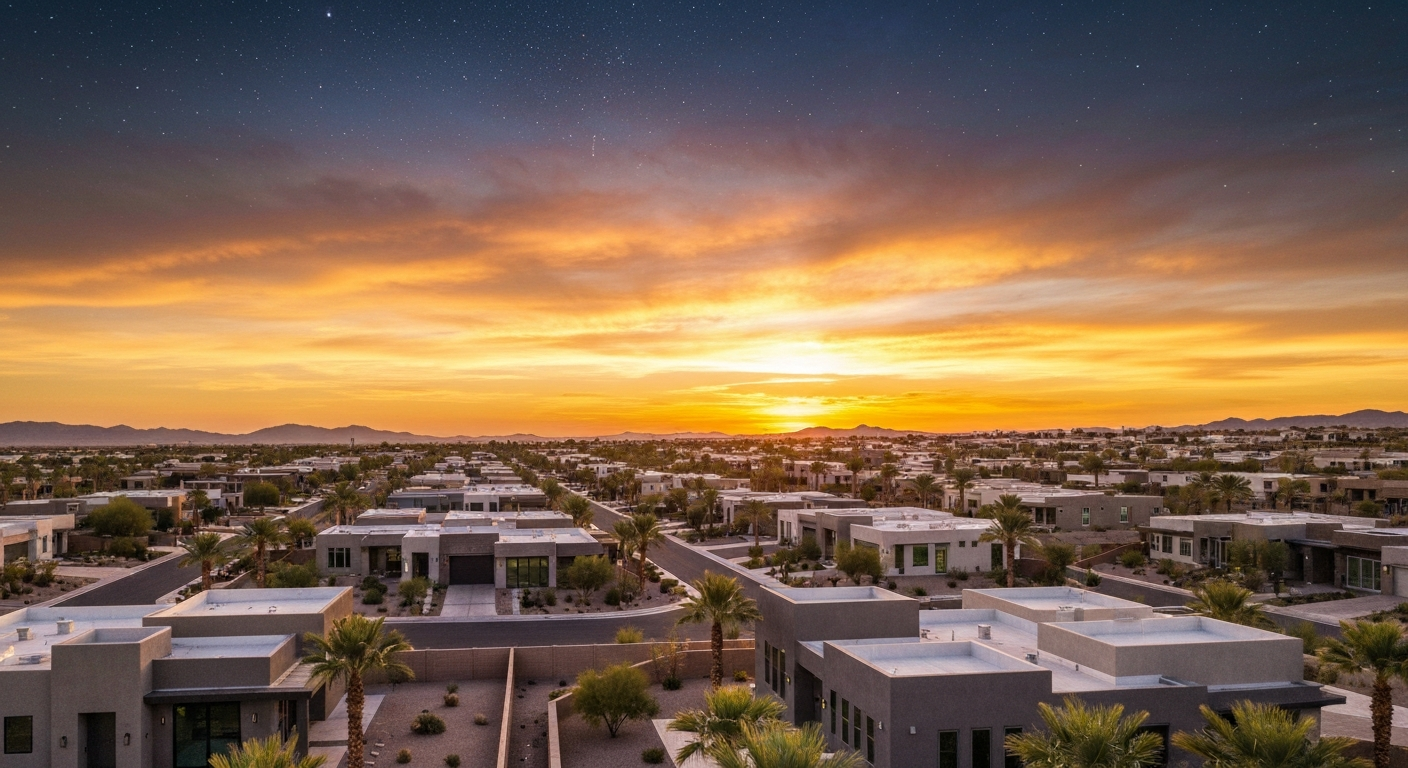 Sunset over Blue Horizons community in Buckeye, Arizona, showcasing modern homes and desert landscape.