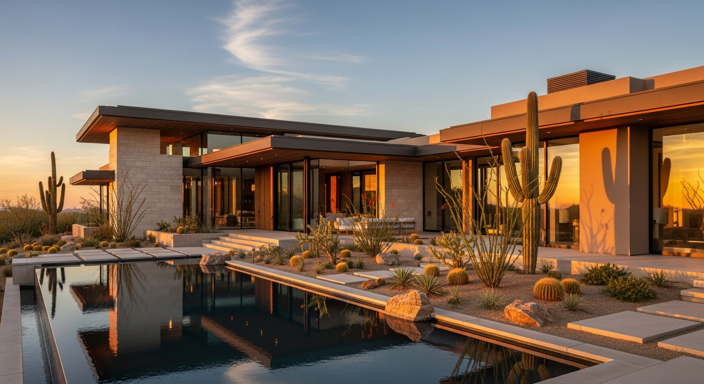 Modern Phoenix home with desert landscaping and pool, showcasing outdoor living and luxury features, ideal for cash offers.