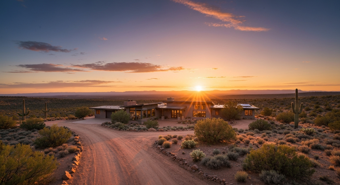 Luxury high-desert home in Prescott, Arizona, featuring stunning sunset views and surrounding desert landscape.