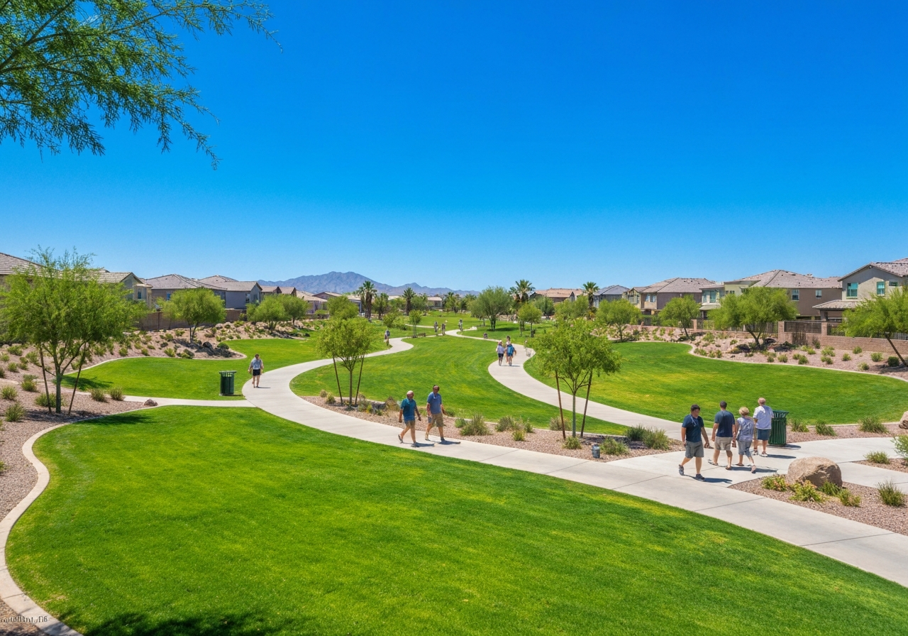 Canyon Trails park with walking paths, green lawns, and mountain views, showcasing community outdoor living in Goodyear, AZ.