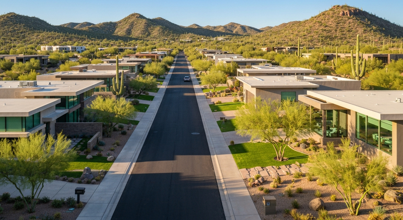 Modern homes lining a street in Sienna Hills, Buckeye, with scenic mountain views and desert landscaping.