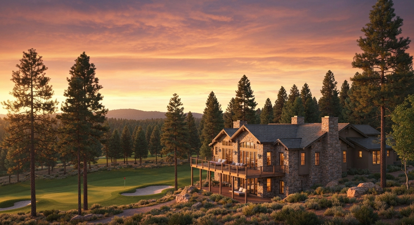 Luxury home nestled among tall pines in Prescott, Arizona, overlooking a golf course at sunset, ideal for upscale living.