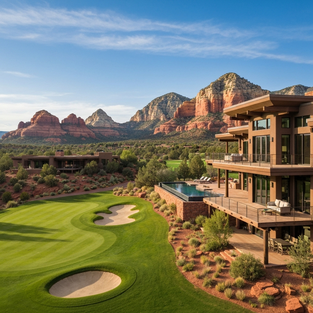 Luxury home overlooking a golf course with stunning red rock formations in Sedona, Arizona, showcasing upscale desert living.