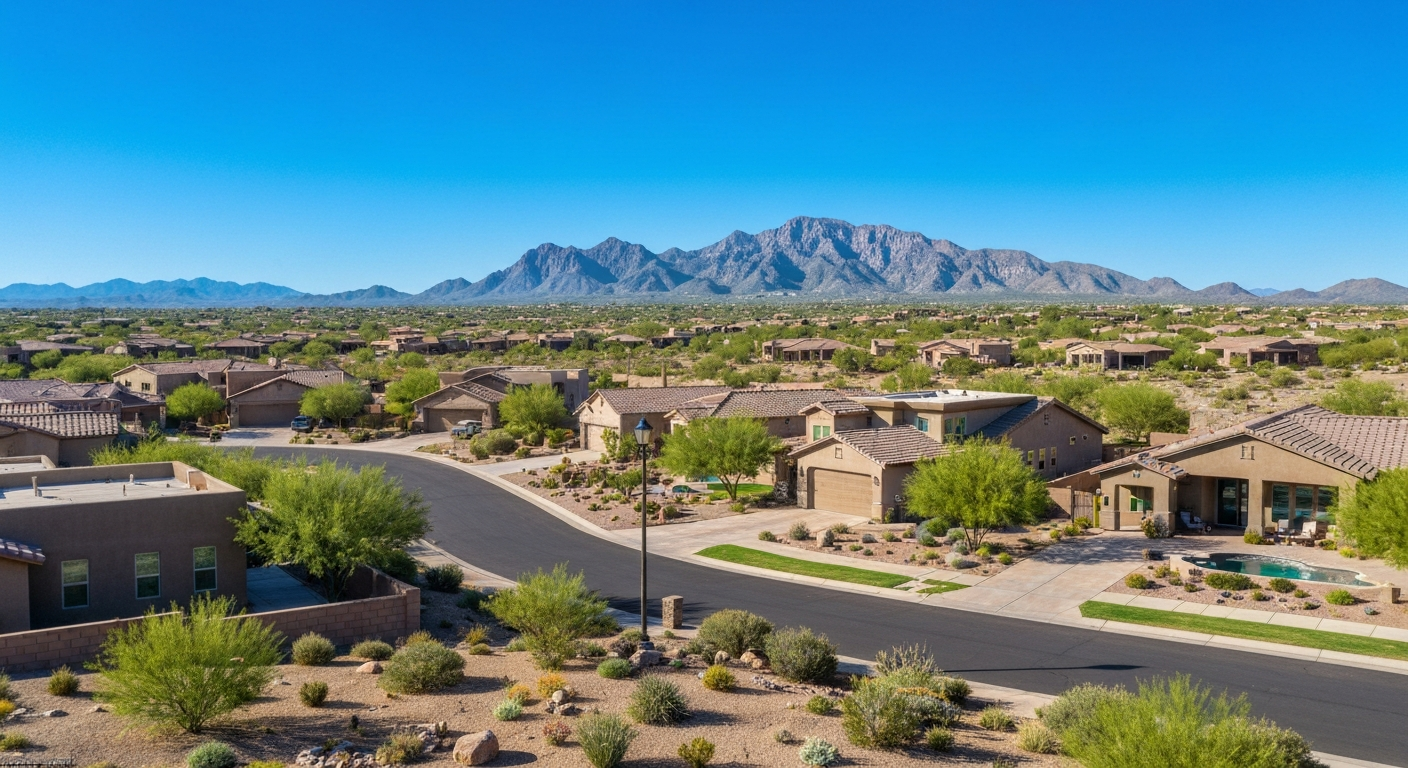 Scenic view of Ridgecrest homes with White Tank Mountains in the background, showcasing modern Arizona suburban living.