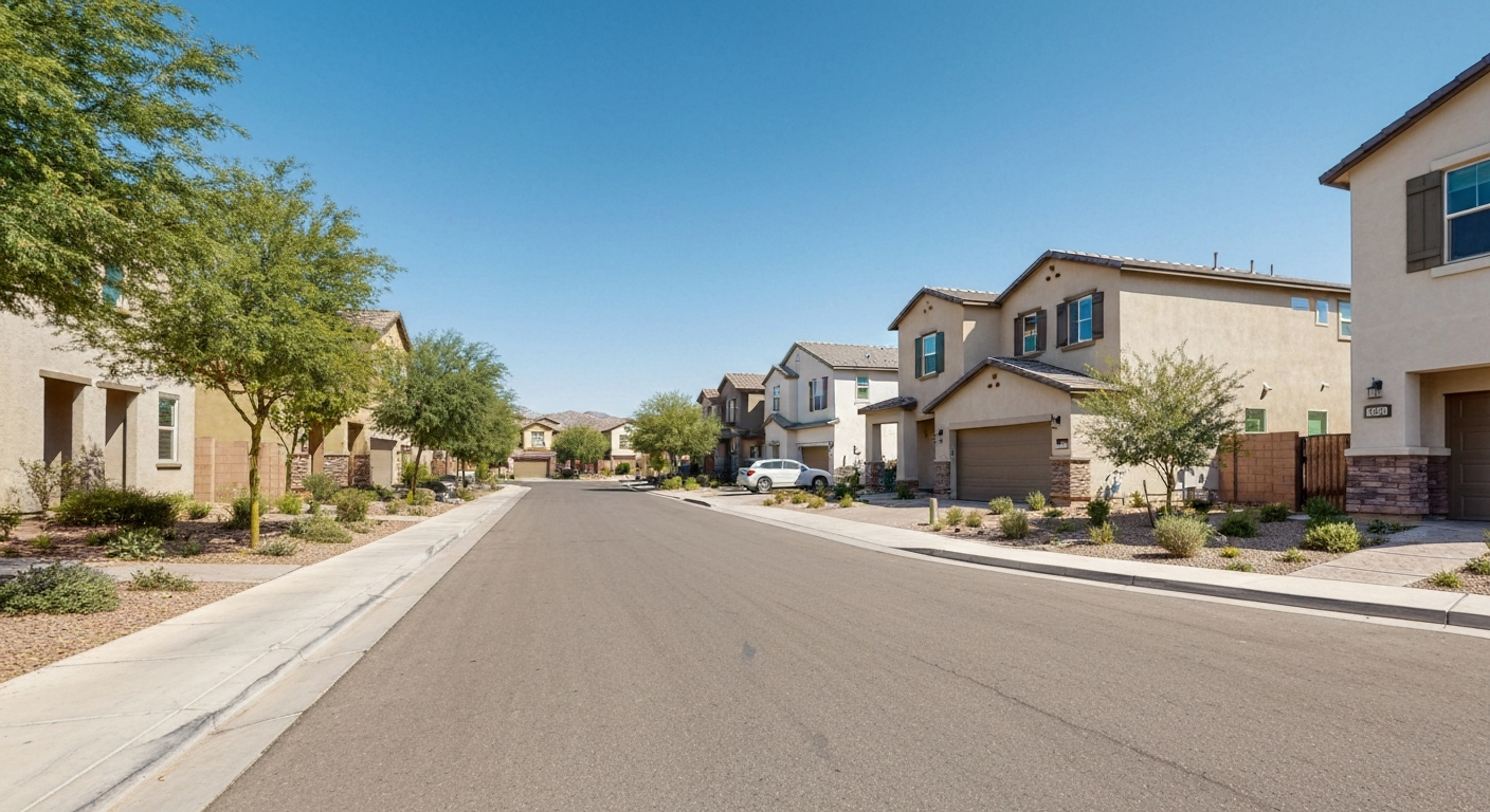 Residential street in Phoenix with modern homes, desert landscaping, and clear blue skies, ideal for families seeking community living.