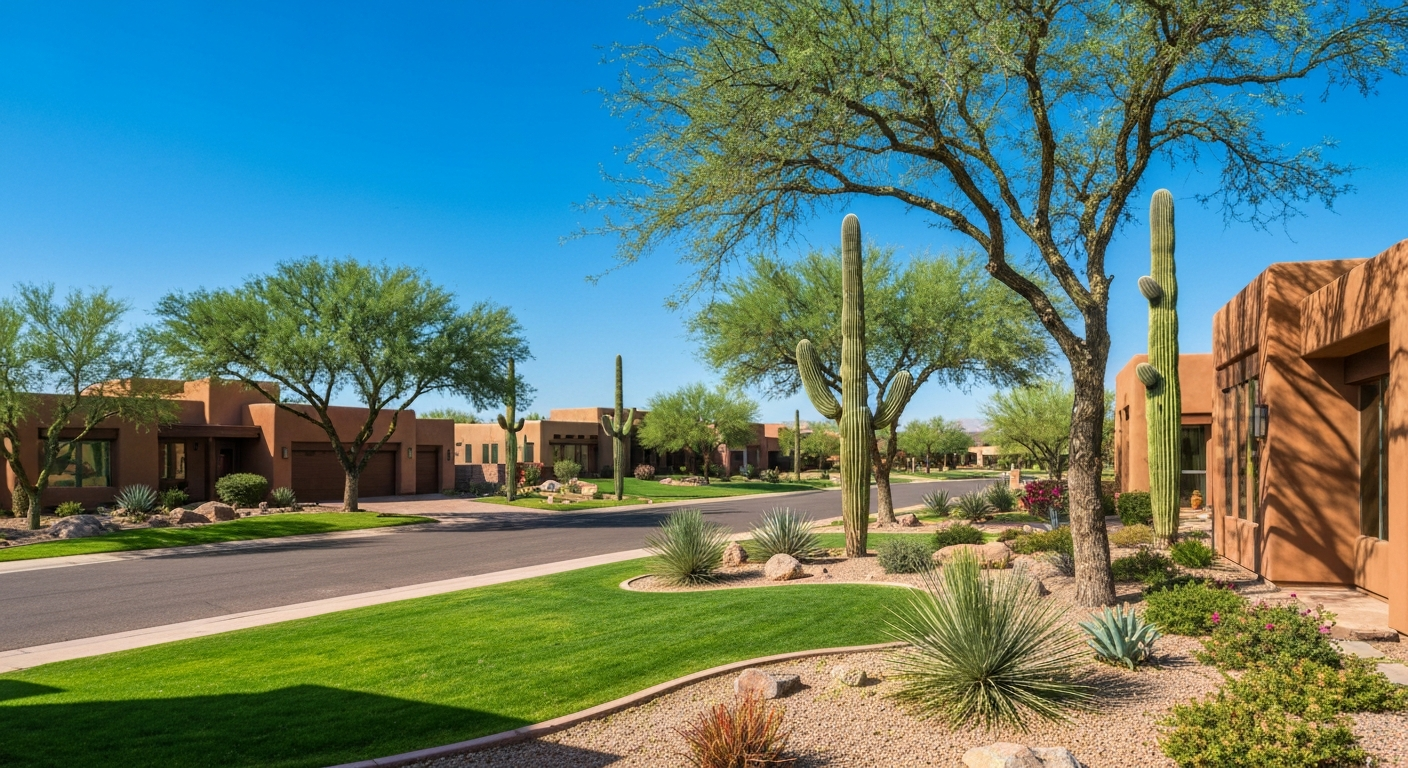 Vibrant neighborhood in Los Arbolitos, Buckeye, featuring modern homes, mature trees, and well-maintained landscaping.