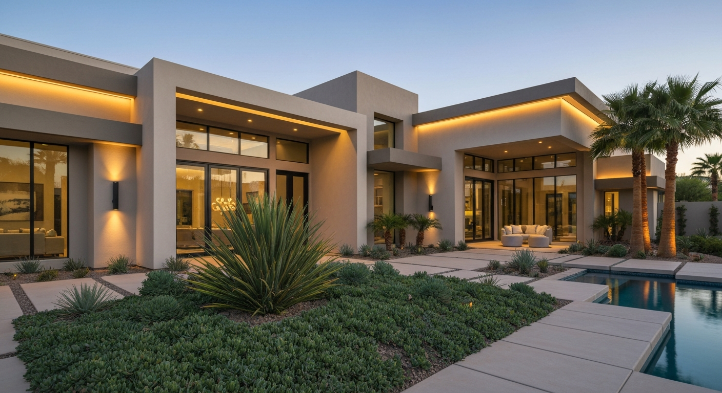 Modern Phoenix home exterior with landscaped yard, pool, and large windows, showcasing Clearly Sold's tailored real estate strategies.