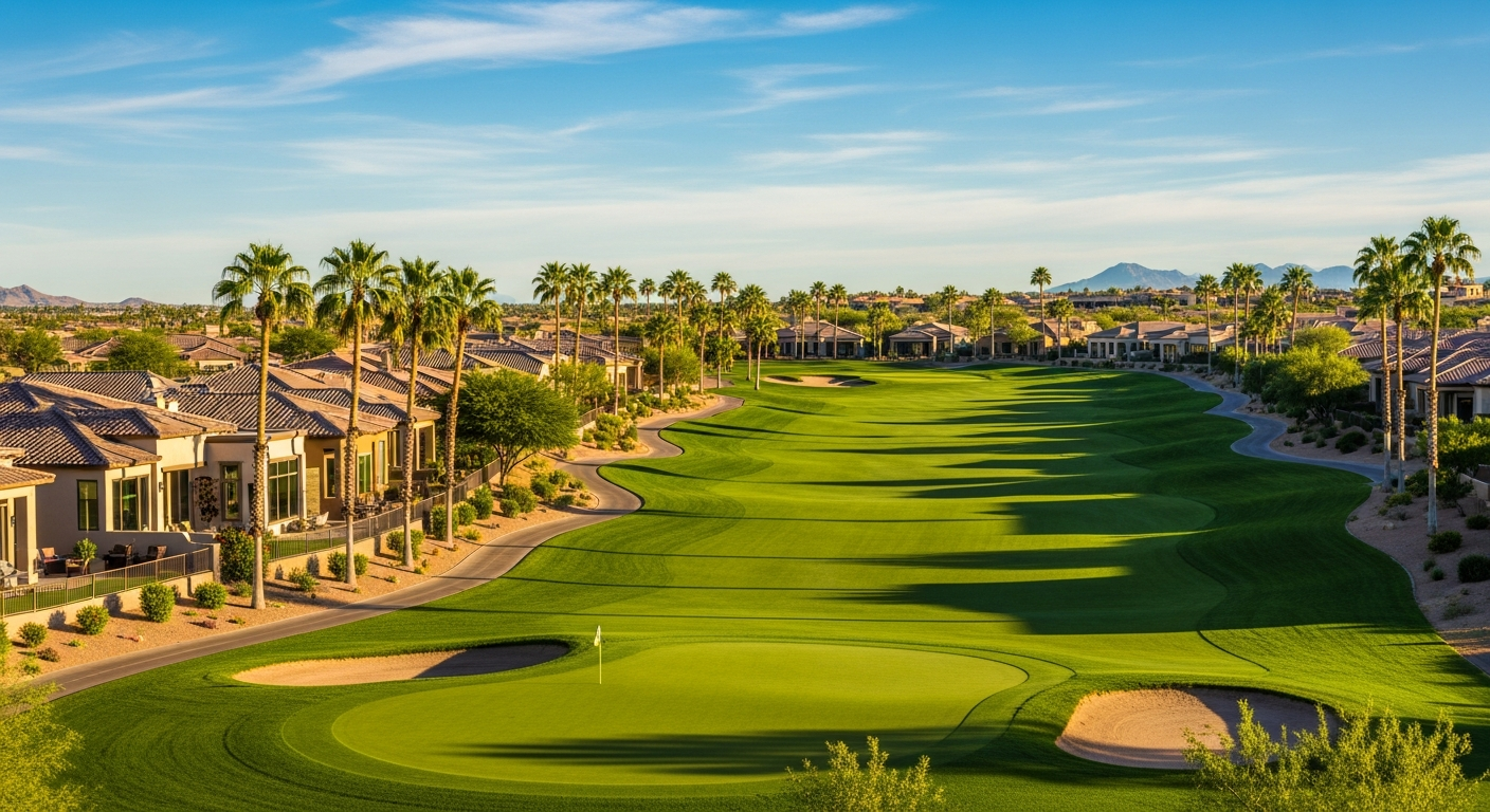 Palm Valley Golf Club view with palm trees and luxury homes, showcasing resort-style living in Goodyear, AZ.