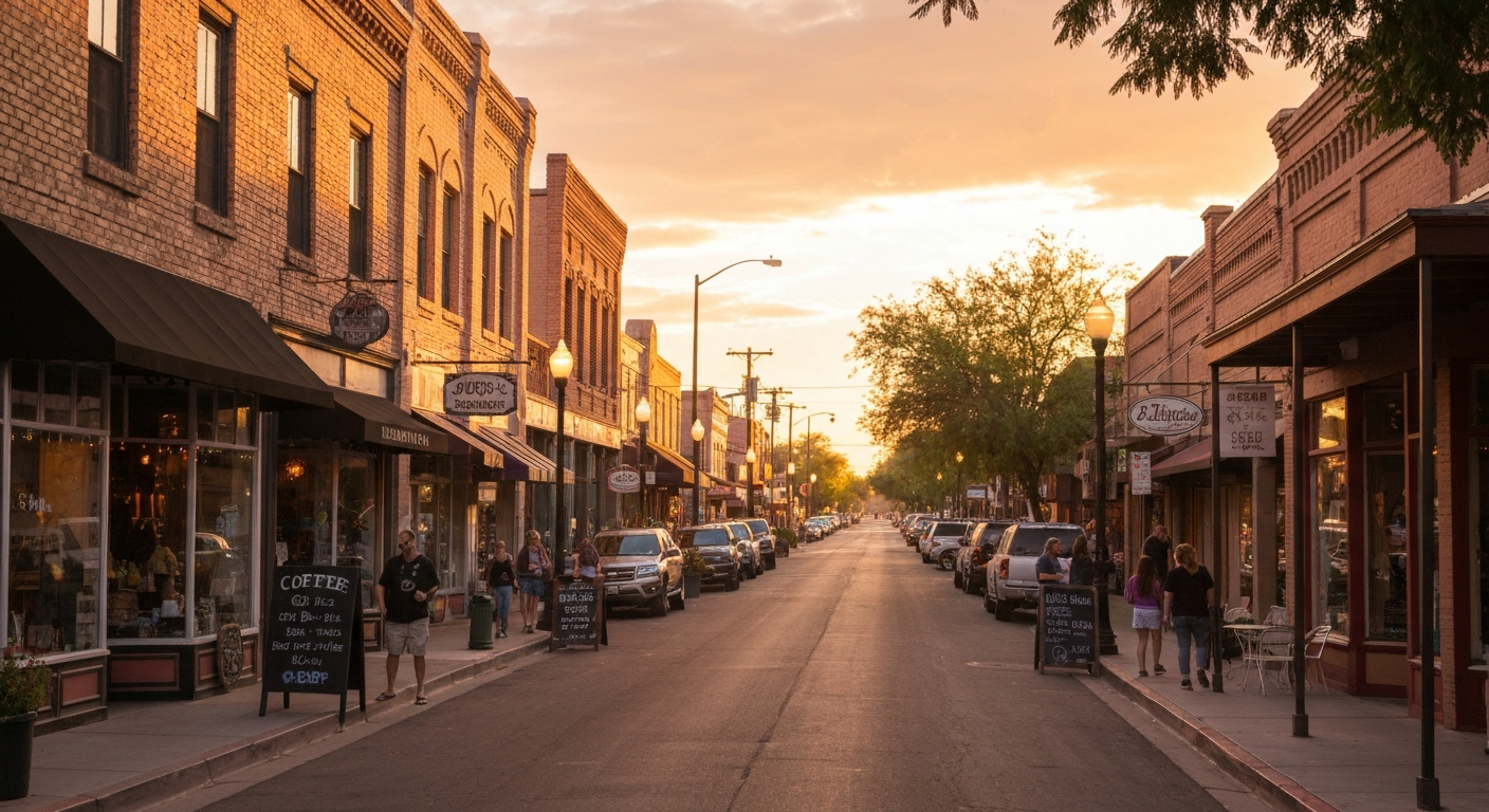 Historic downtown Tolleson street scene at sunset, featuring local shops, pedestrians, and inviting atmosphere.