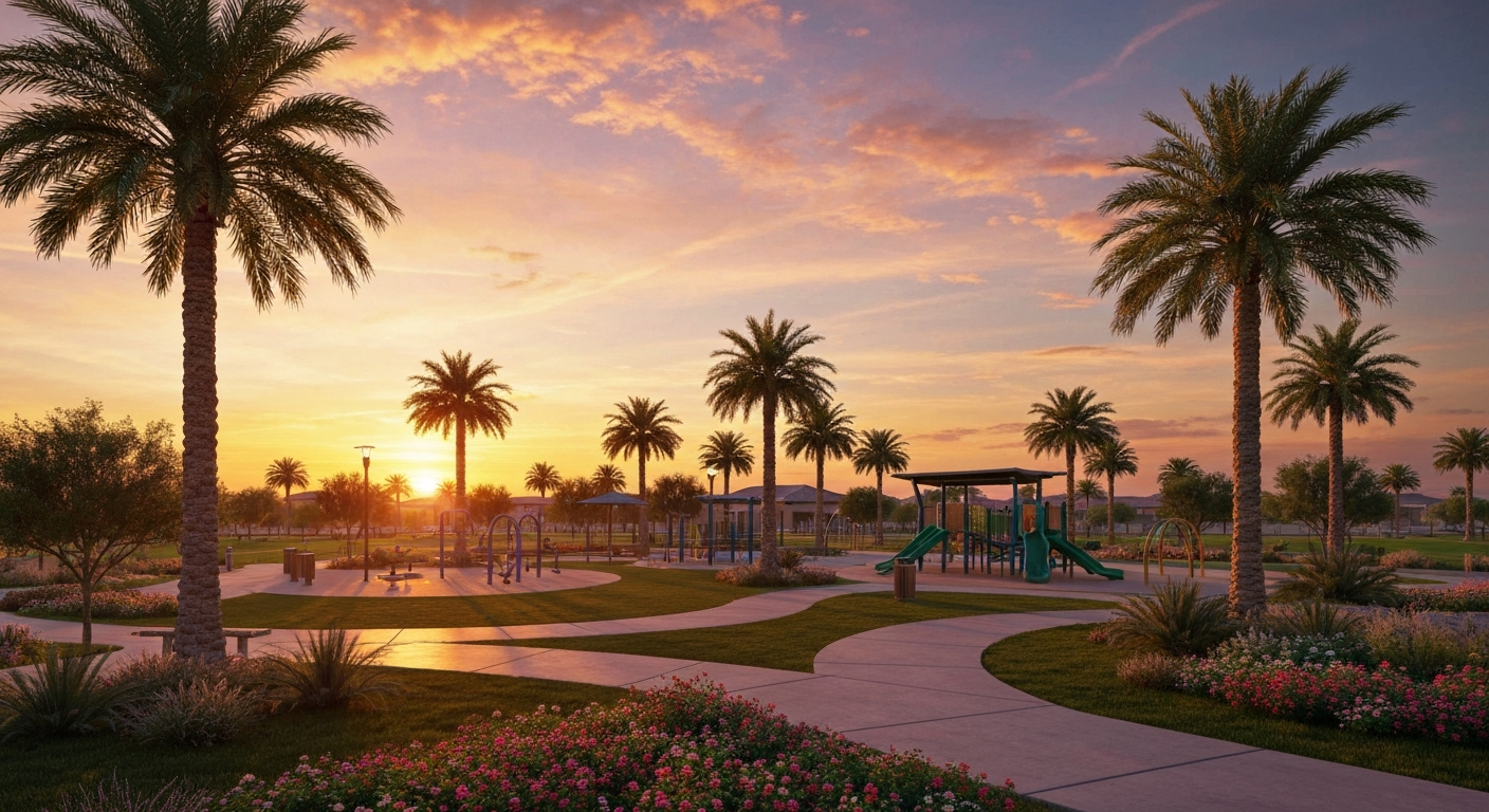 Sunset over a vibrant park in Tolleson, featuring palm trees, playground equipment, and blooming flowers, showcasing community charm.