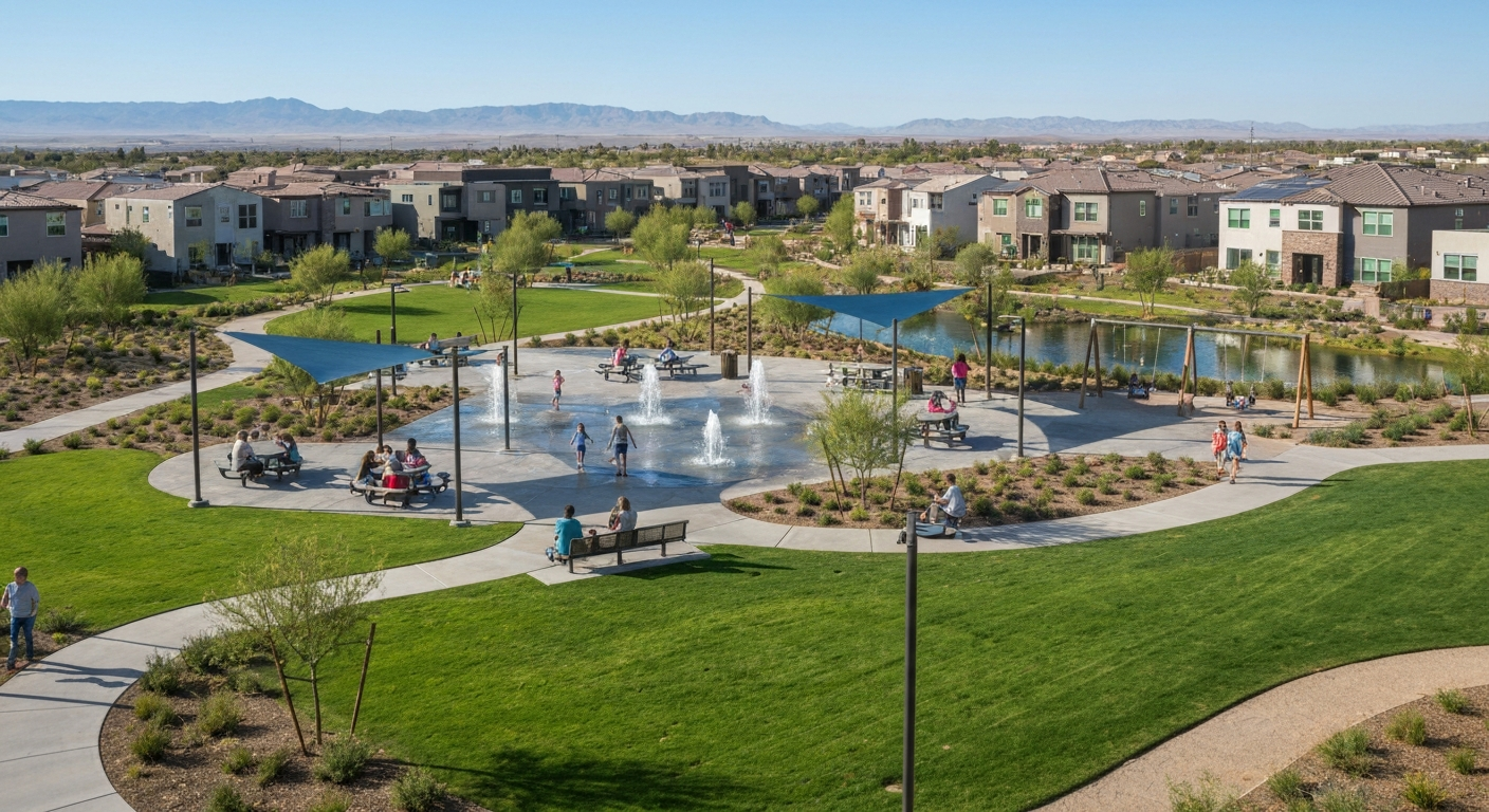 Vibrant park in Alamar, Avondale, featuring playground, water fountains, walking paths, and modern homes against the Estrella Mountains.