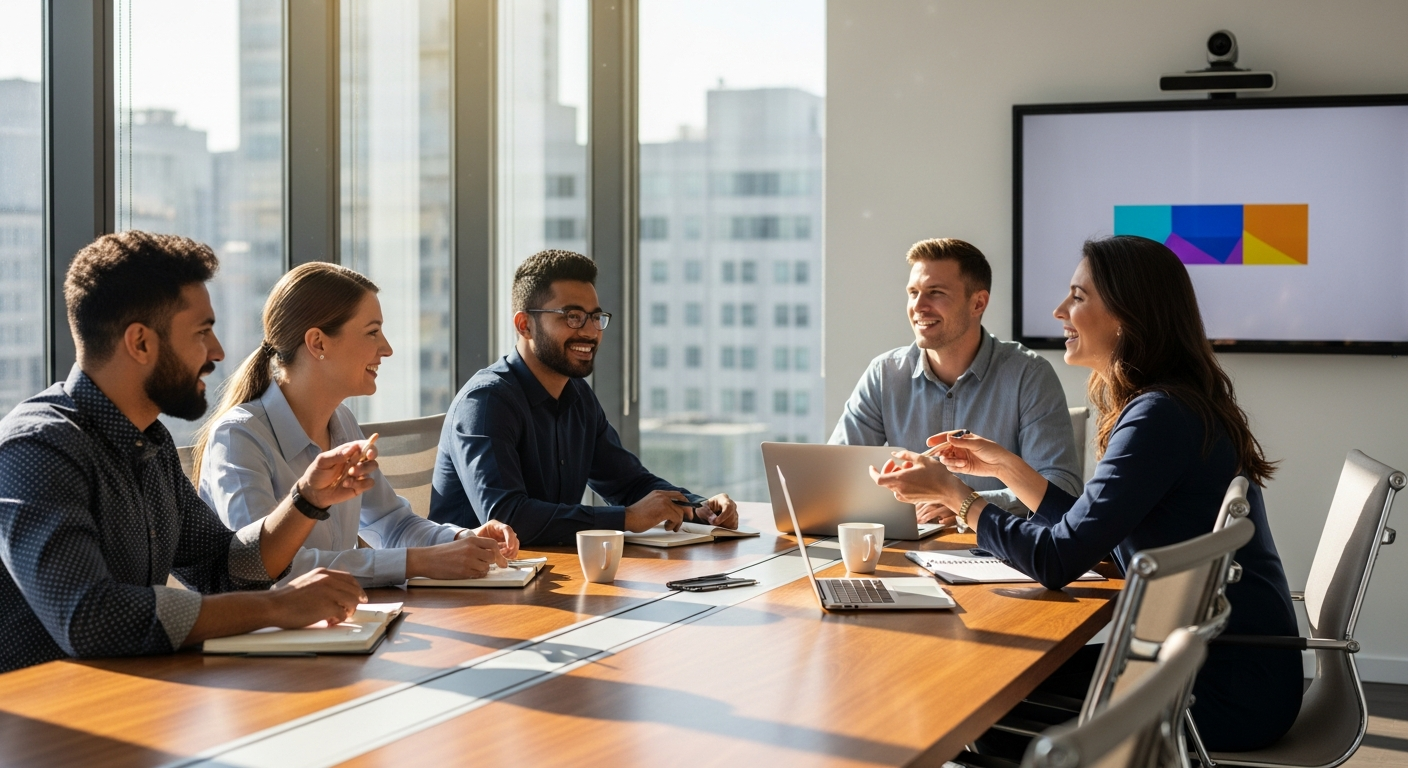 Business meeting with diverse professionals discussing corporate benefits, including Rewarding Heroes program for employee real estate savings.