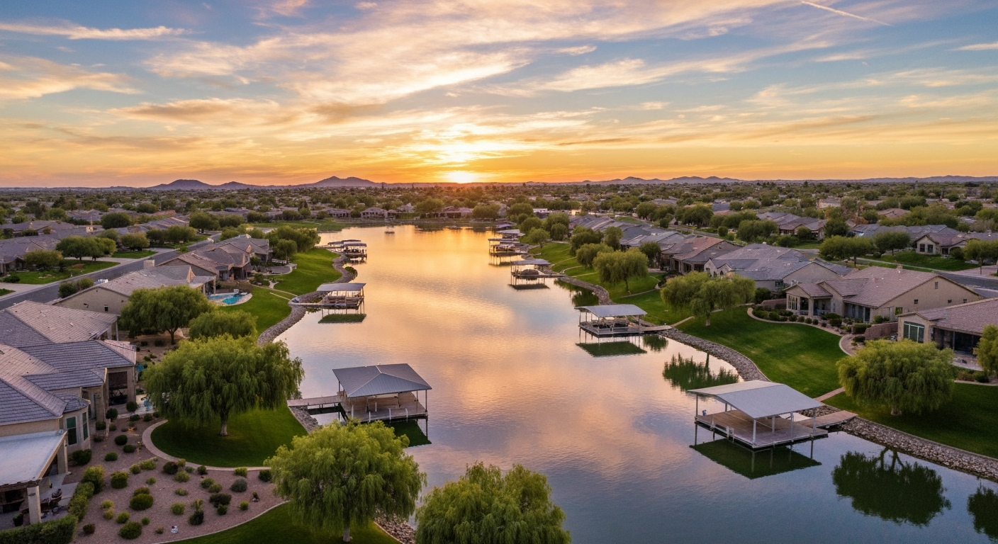 Aerial view of Garden Lakes community in Phoenix Metro, showcasing serene lakefront homes and lush landscaping at sunset.