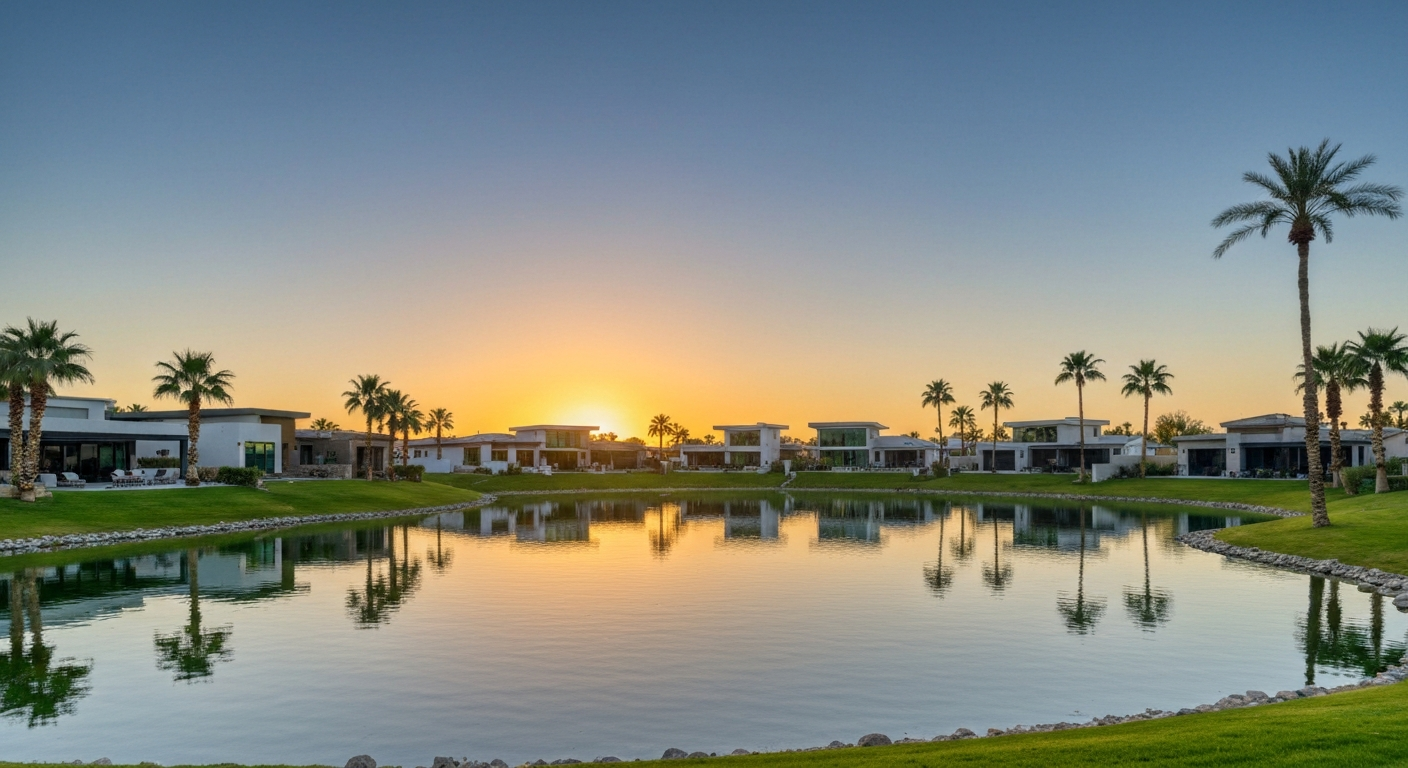 Harbor Shores community in Avondale, AZ, showcasing lakefront homes with palm trees and sunset reflections.