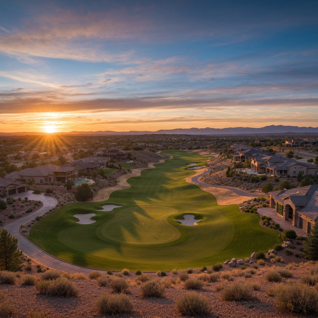 Stunning sunset view over StoneRidge Golf Community in Prescott Valley, showcasing manicured fairways and luxurious homes.