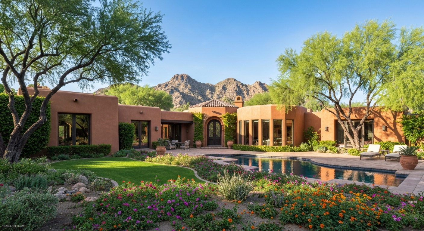 Luxury home in Arcadia, Phoenix, featuring lush landscaping, pool, and views of Camelback Mountain. Ideal for upscale living.