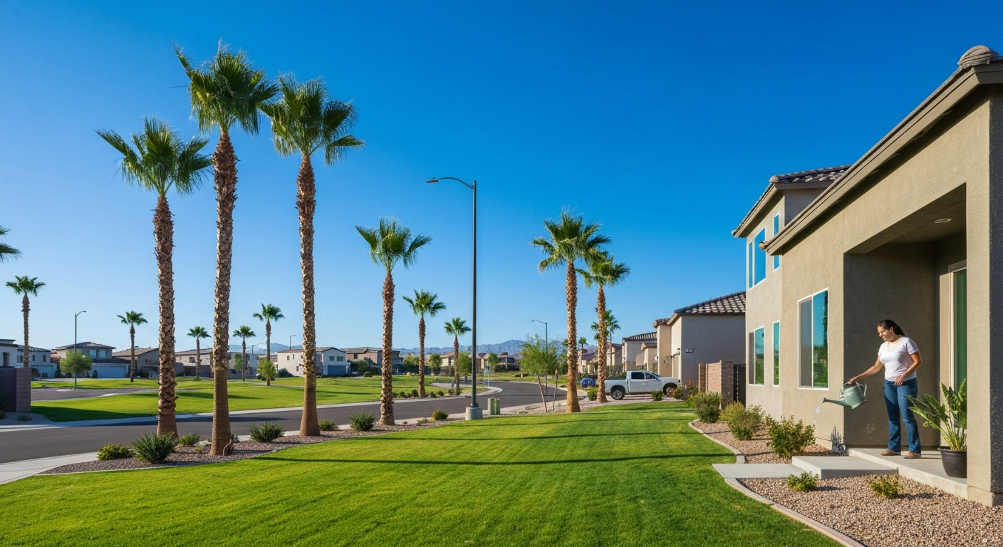 Woman watering plants in a well-maintained Donatela neighborhood with palm trees and suburban homes in Phoenix Metro.