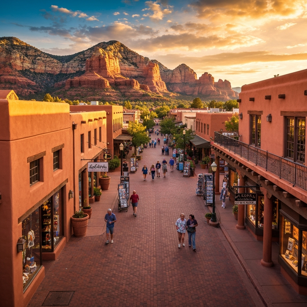 Uptown Sedona street scene with shops and red rock formations, highlighting Sedona's vibrant arts and culture.