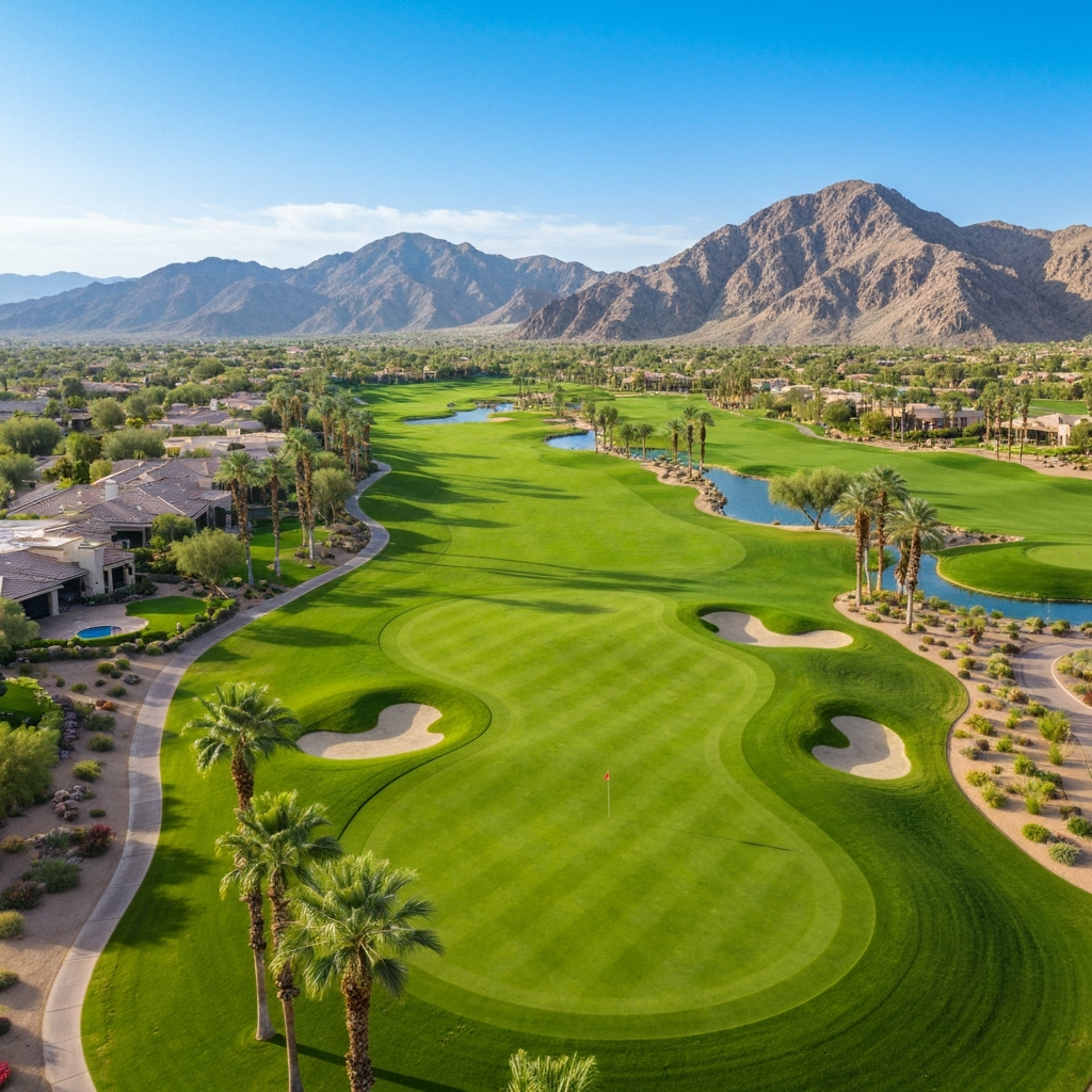 Aerial view of Wickenburg Ranch golf course with lush greens, palm trees, and desert mountains in the background, showcasing luxury living.