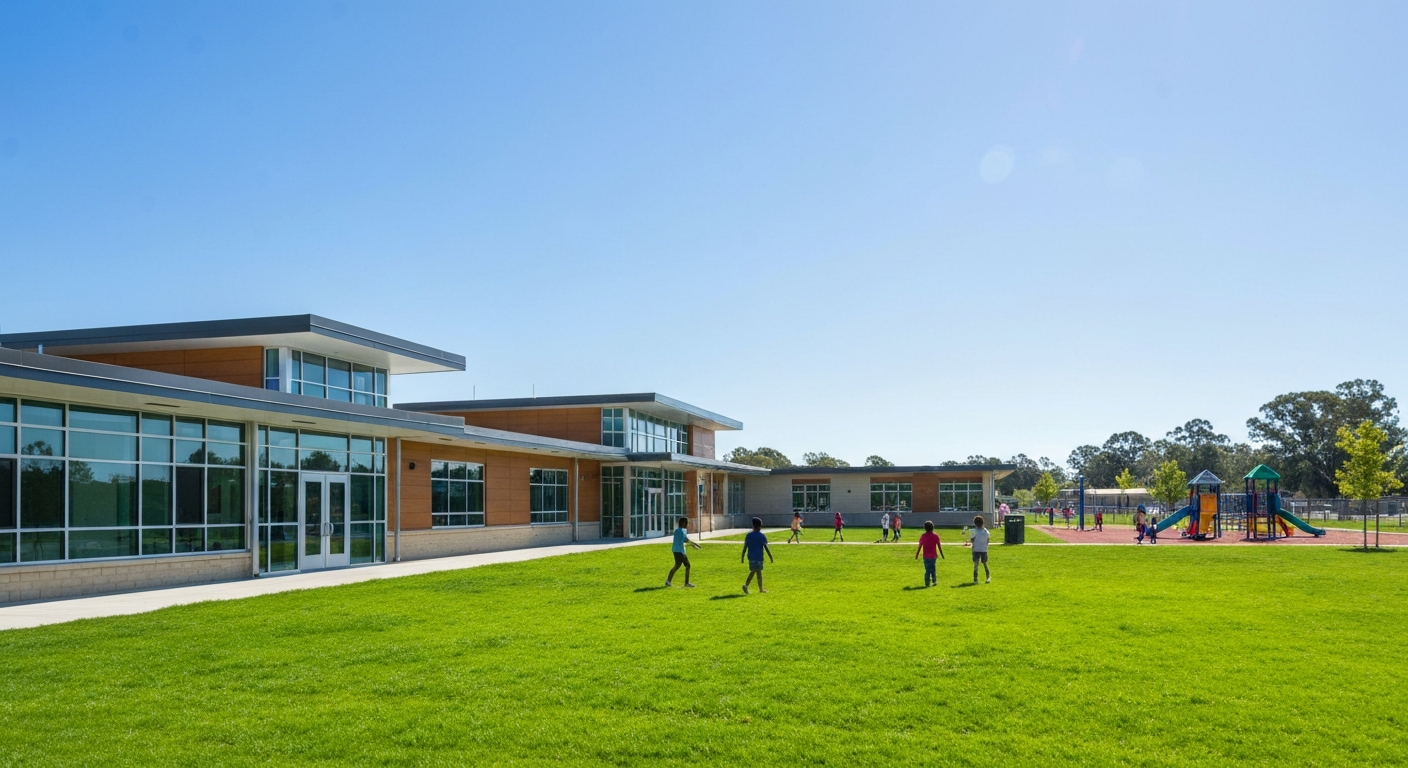 Modern school building in Ridgecrest with children playing on the grass and playground, highlighting community focus on education.