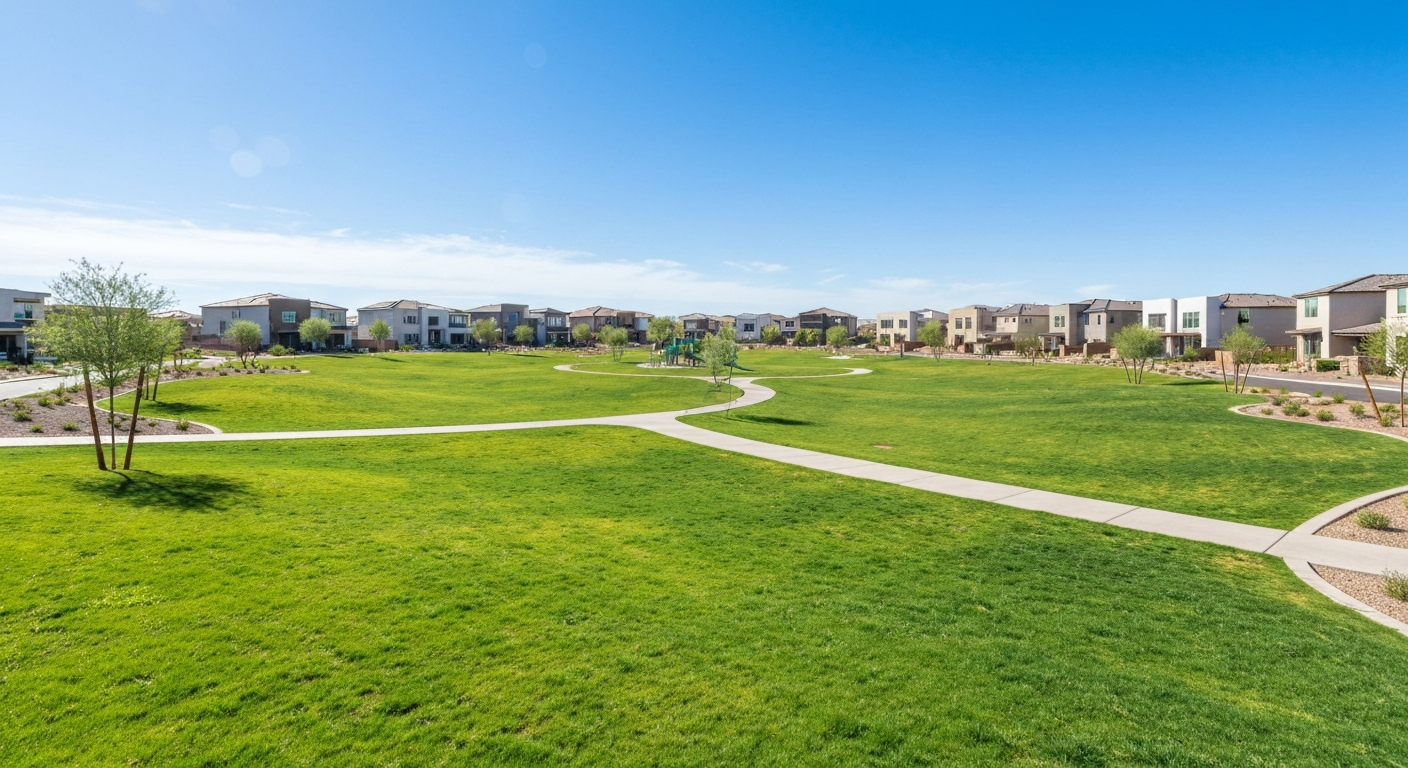 Expansive green park in Tartesso, Arizona, with walking paths and modern homes, ideal for outdoor families and community events.