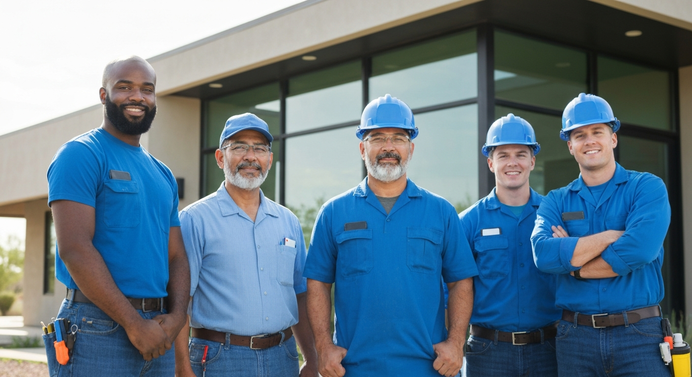 Group of utility workers in blue uniforms and hard hats, representing Arizona's essential services for the Rewarding Heroes program.