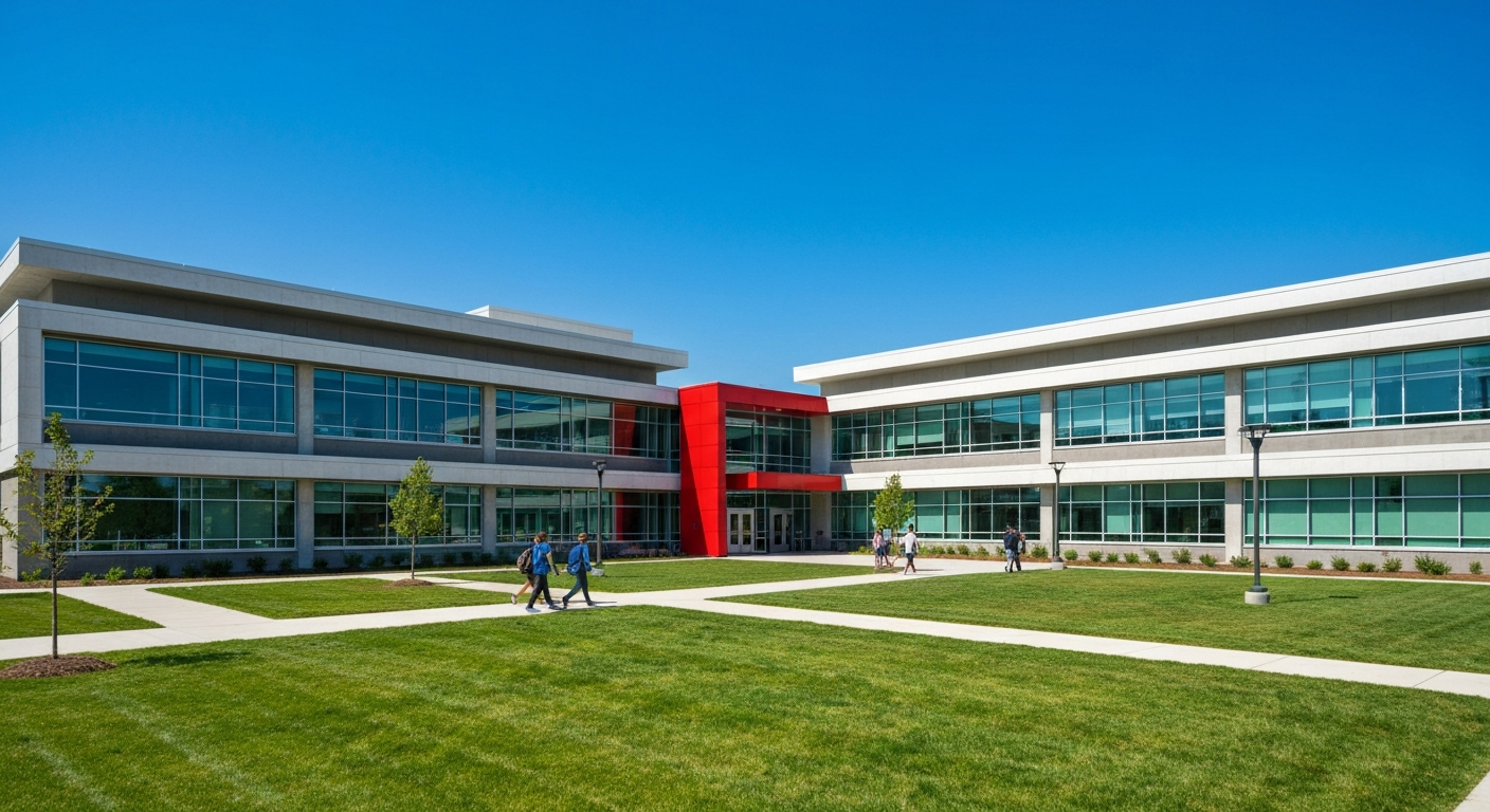 Modern educational building with glass windows, red accents, and landscaped lawn in Garden Lakes, Phoenix Metro area.