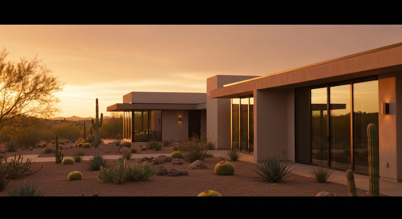 Modern Arizona home at sunset, surrounded by desert landscaping, showcasing cacti and mountain views, ideal for healthcare professionals.